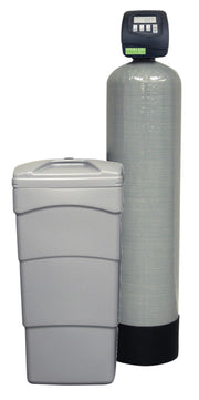 Sterling water softener system with gray cylindrical tank, digital control head, and white brine tank beside it.