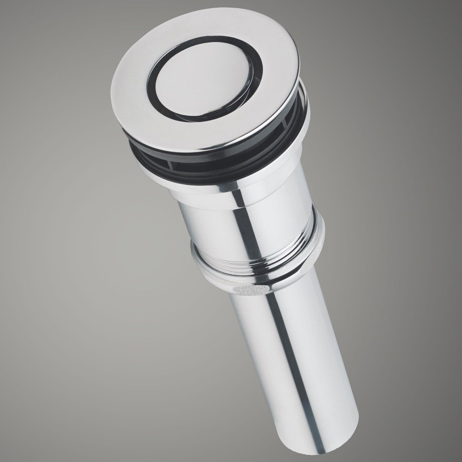 White and polished chrome cylindrical sink drain with black rubber seal ring and zero drain opening.