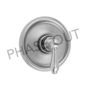 Satin nickel round escutcheon plate with single lever handle for thermostatic valve trim.