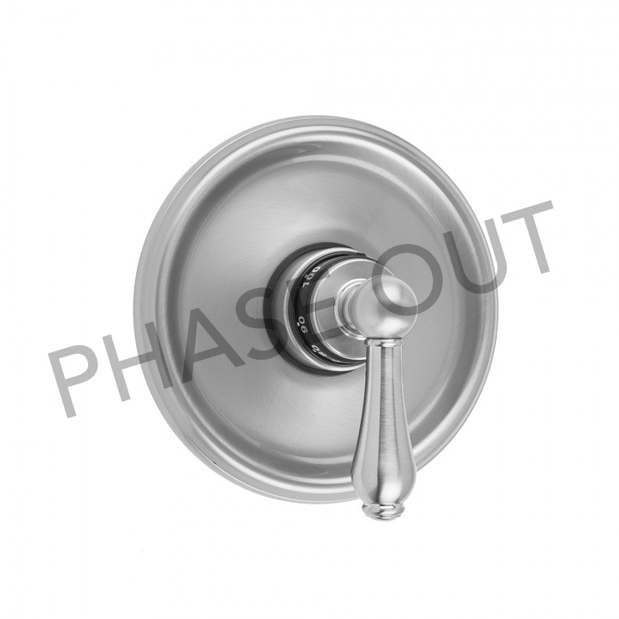 Satin nickel round escutcheon plate with single lever handle for thermostatic valve trim.