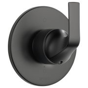 Matte black diverter trim with round escutcheon plate and lever handle for shower valve control.