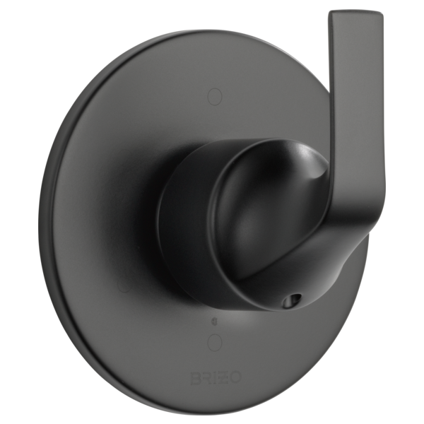 Matte black diverter trim with round escutcheon plate and lever handle for shower valve control.
