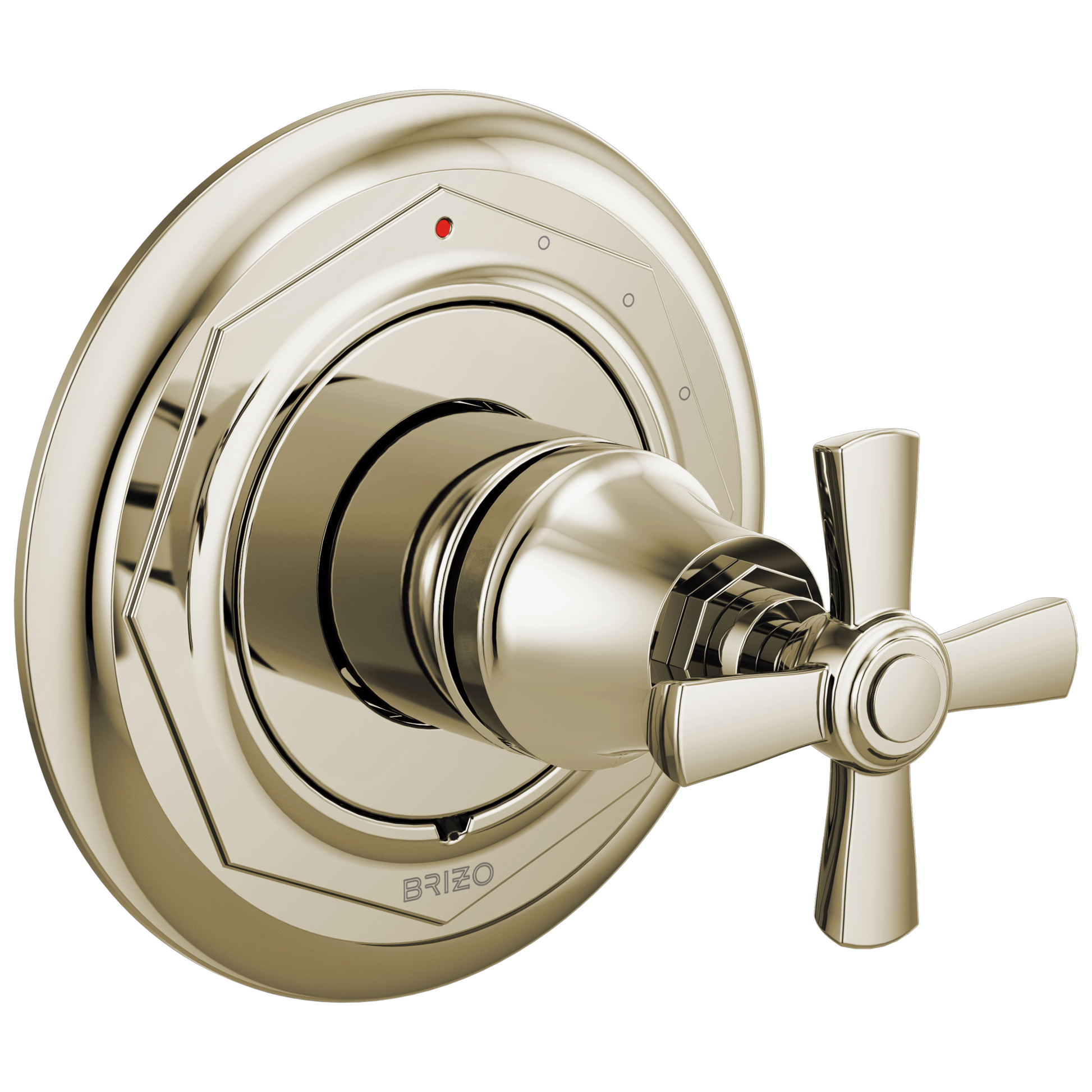 Polished nickel shower valve trim with circular escutcheon plate and cross handle control.