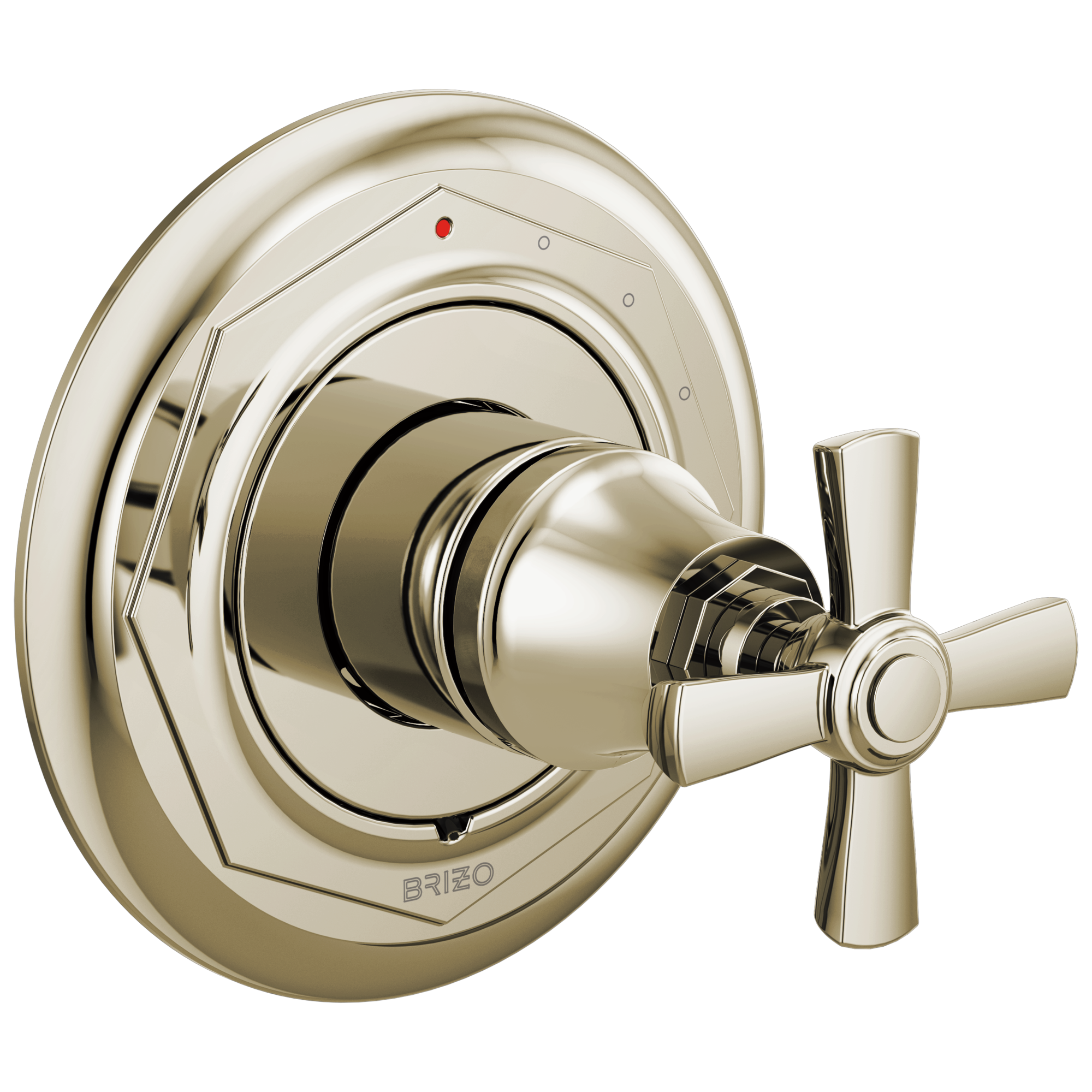 Polished nickel shower valve trim with circular escutcheon plate and cross handle control.