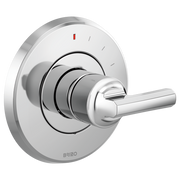 Chrome pressure balance valve trim with circular escutcheon plate, concentric trim rings, and lever handle with temperature i