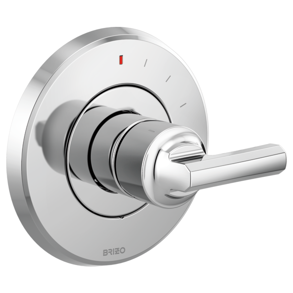 Chrome pressure balance valve trim with circular escutcheon plate, concentric trim rings, and lever handle with temperature i