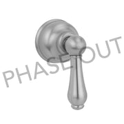 Satin nickel thermostatic valve trim with tapered lever handle and round escutcheon plate.