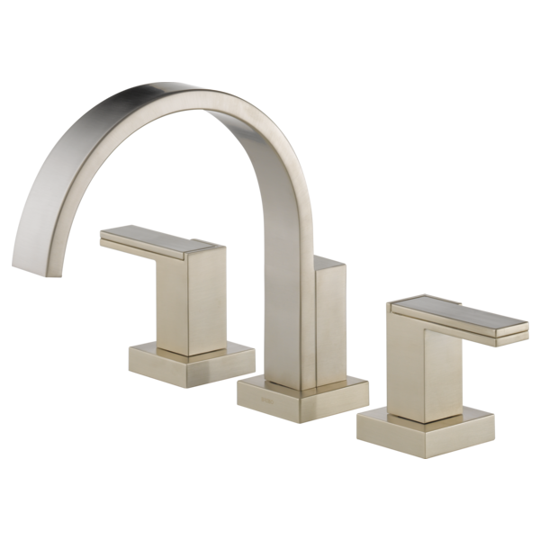 Brushed nickel roman tub faucet with high arched spout and two rectangular side handles.