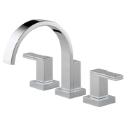 Chrome three-piece roman tub faucet with high arching spout and two rectangular lever handles.