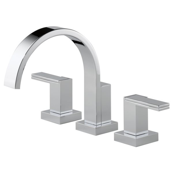 Chrome three-piece roman tub faucet with high arching spout and two rectangular lever handles.