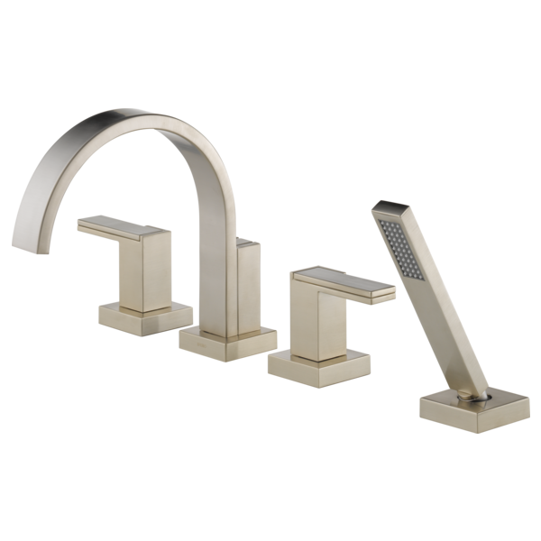 Brushed nickel roman tub faucet with curved spout, two rectangular handles, and detached hand shower on square bases.