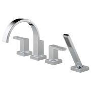 Chrome roman tub faucet with curved spout, two lever handles, and detached hand shower wand.