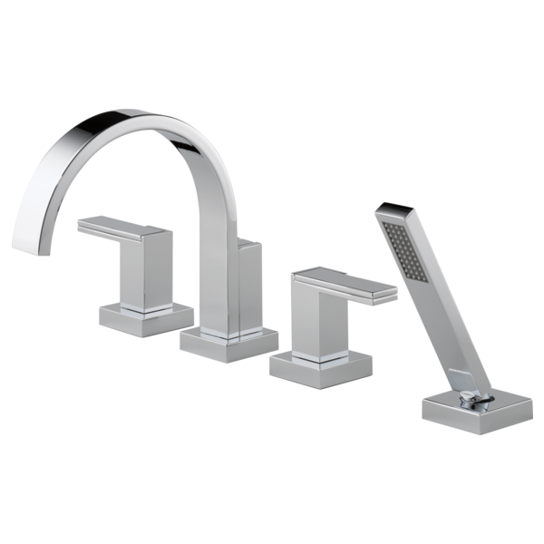 Chrome roman tub faucet with curved spout, two lever handles, and detached hand shower wand.