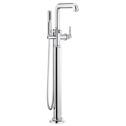 Chrome floor-mount tub filler with single lever control, curved spout, and detachable handheld showerhead.