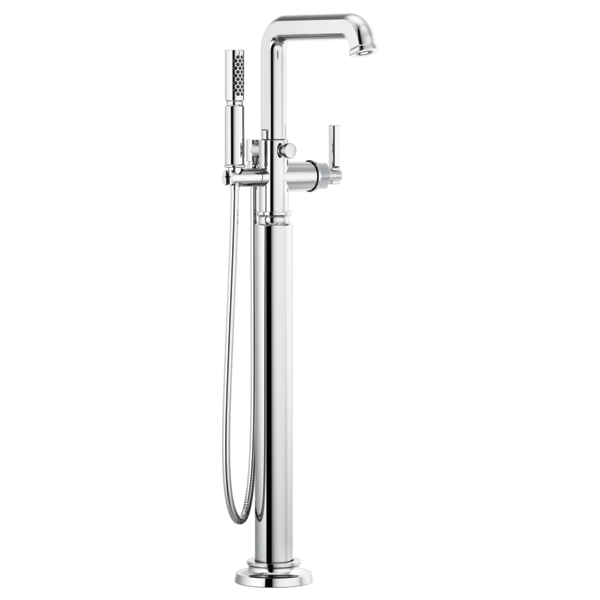 Chrome floor-mount tub filler with single lever control, curved spout, and detachable handheld showerhead.