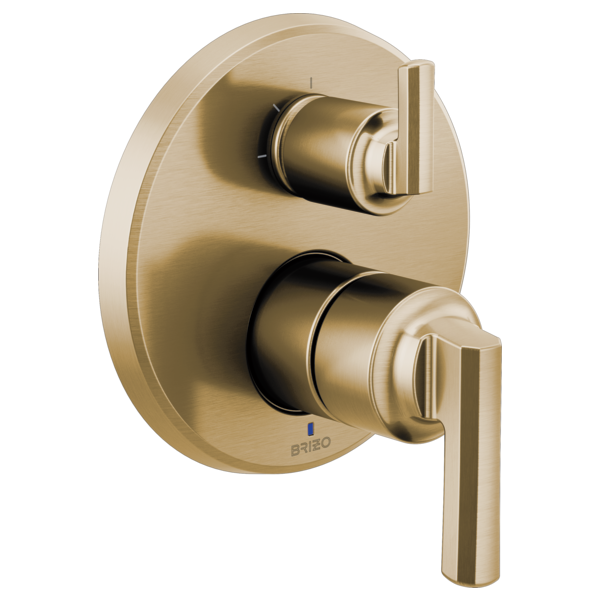 Brushed gold pressure balance valve trim with two cylindrical control knobs and integrated diverter on oval escutcheon plate.