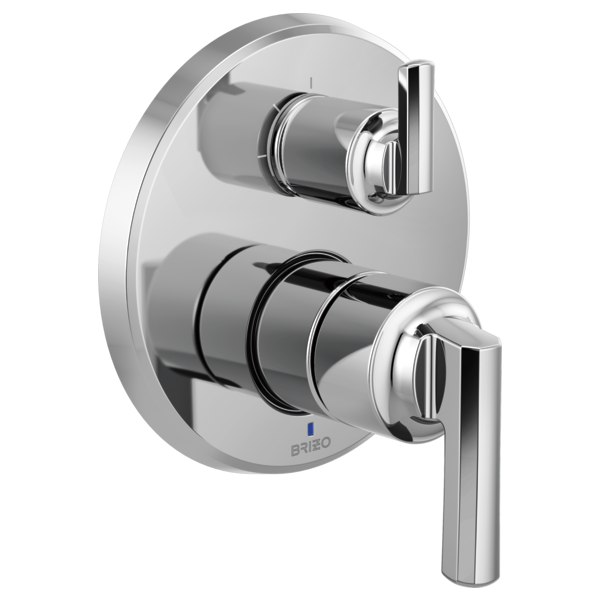 Chrome pressure balance valve trim with stacked cylindrical bodies, one lever handle, and diverter control on round escutcheo
