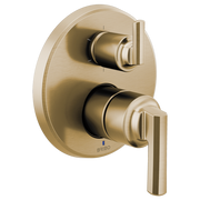 Brushed gold pressure balance valve trim with dual cylindrical controls and integrated diverter, single handle design.