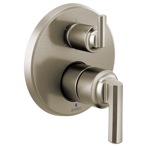 Brushed nickel pressure balance valve trim with two lever handles and integrated diverter control mounted on oval escutcheon 