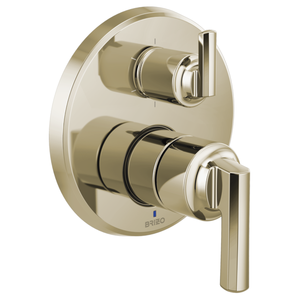 Brushed nickel pressure balance valve trim with stacked cylinders and two lever handles mounted on circular escutcheon plate.