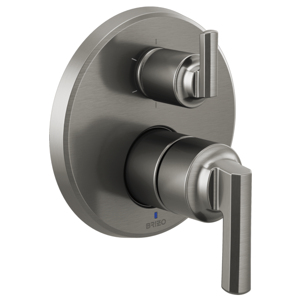 Brushed nickel pressure balance valve trim with two lever handles and integrated diverter mounted on oval escutcheon plate.