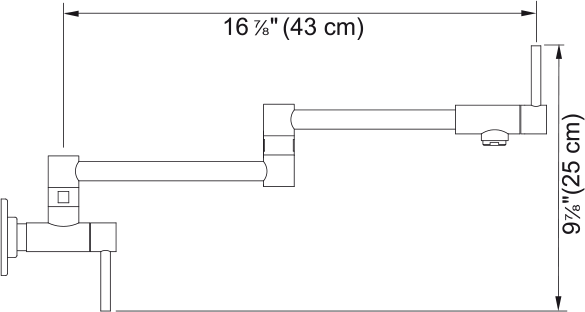 Stainless steel pot filler faucet with dual articulating arms, 16.75 inches wide and 9.625 inches tall.