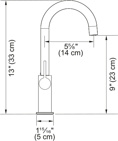 Satin nickel single-hole bar faucet with high arched spout and dimension measurements shown.