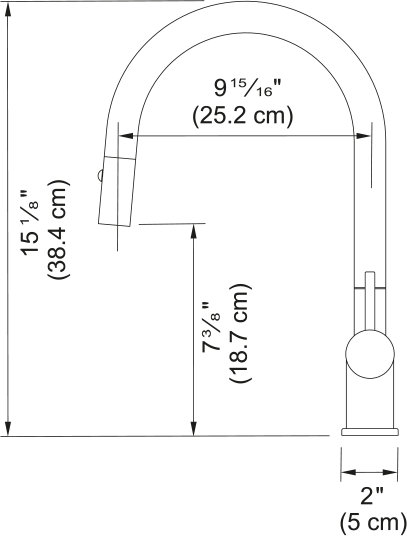 Matte black pull-down kitchen faucet with dimensions shown, 15 1/8" height and 9 15/16" spout width.