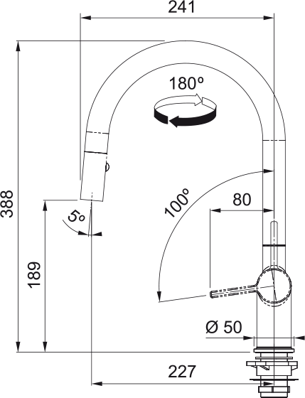 Matte black pull-down kitchen faucet with swivel spout and measurement dimensions shown in technical drawing.