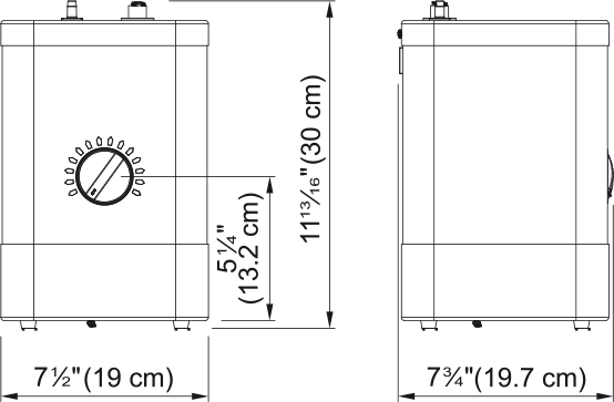 Stainless steel instant hot water tank with temperature dial, measuring approximately 19cm wide by 30cm tall with 13.2cm dept