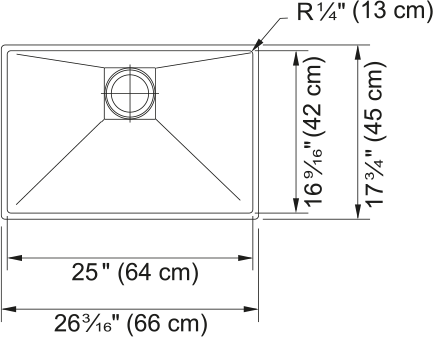 Stainless steel rectangular single bowl sink with drain hole, top view showing dimensions of 25 inches width and 16 9/16 inch