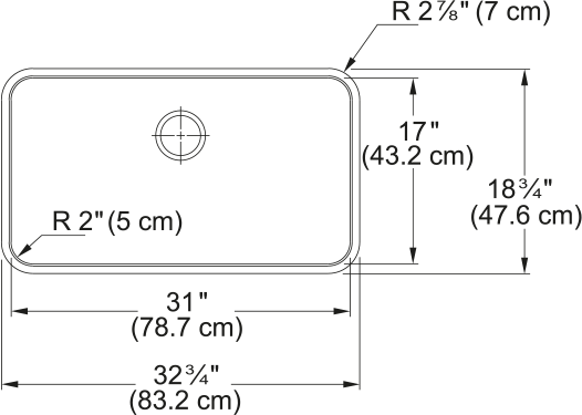 Stainless steel single bowl sink with rounded corners and faucet hole, 31 inches wide by 17 inches deep.