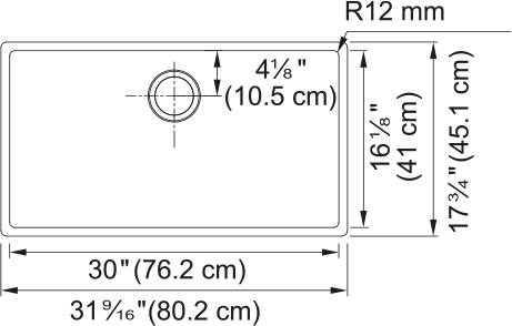 Stainless steel single bowl undermount sink with 30-inch width and rounded corners, showing drain hole placement and dimensio