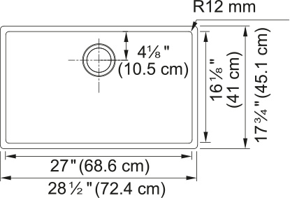 Stainless steel single bowl sink with top-mounted faucet hole and dimensional specifications labeled.