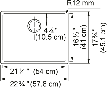 Stainless steel undermount sink with single bowl and drain hole, top view with dimensions.