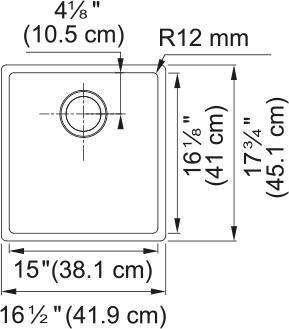 Stainless steel undermount sink with single bowl, showing top view dimensions and specifications.