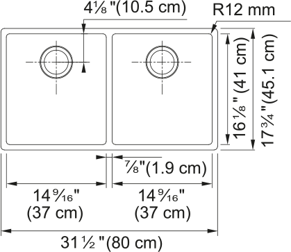 Stainless steel double bowl sink with two equal compartments, rounded corners, and drain openings, dimensions 31.5" wide by 1