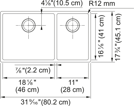Franke CUX160 CUBE stainless steel double bowl sink with dimensions and drain specifications shown.