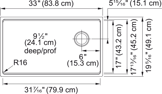 Single bowl undermount granite sink with rounded corners, 33 inches wide and 9.5 inches deep, shown in top and side views wit