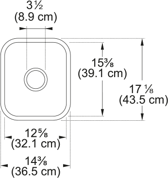 White fireclay undermount single bowl sink with rounded corners and centered drain hole, shown with dimensions.