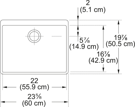 White fireclay apron front single bowl kitchen sink with dimension measurements shown.