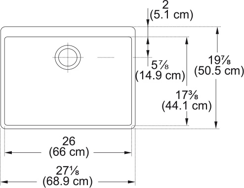 White fireclay apron front single bowl kitchen sink with center drain and rounded corners, shown with dimension measurements.