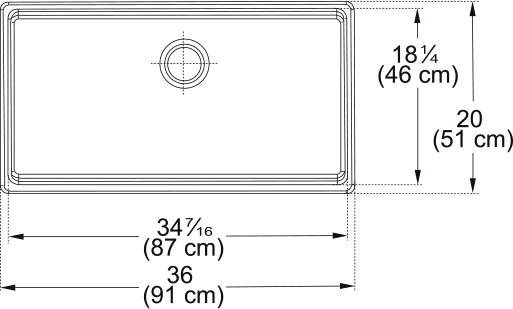 White fireclay apron front farmhouse sink with single bowl and circular drain placement, measuring 36 inches wide.