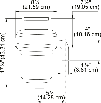 Kindred waste disposer with 1 1/4 hp motor, shown in technical diagram with dimensions labeled.