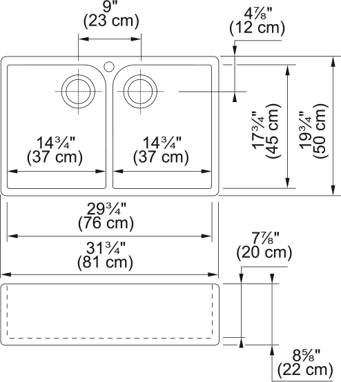 White fireclay apron front double bowl sink with two equal basins and dimension measurements shown.