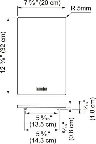 Technical specification diagram showing dimensions for a rectangular accessory panel measuring 20cm wide by 32cm tall with mo