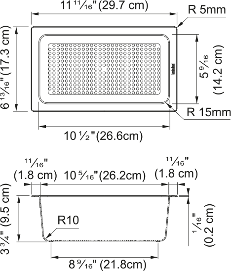 Rectangular stainless steel sink accessory with perforated surface and curved corners, shown in top and side views with dimen