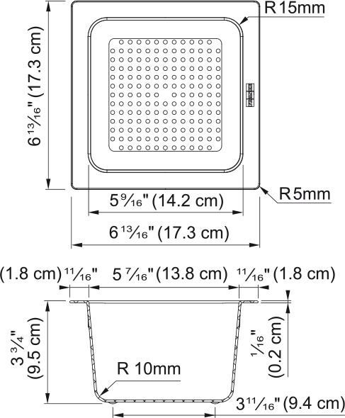 Square stainless steel shower head with perforated face and mounting dimensions labeled.