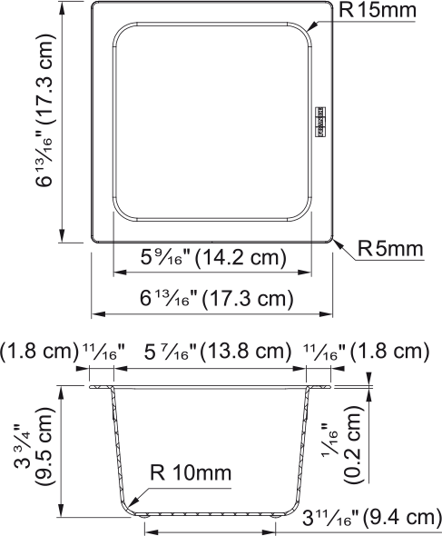 Franke AIUS300 sink accessory with rounded corners, showing top view and side profile dimensions in centimeters and inches.