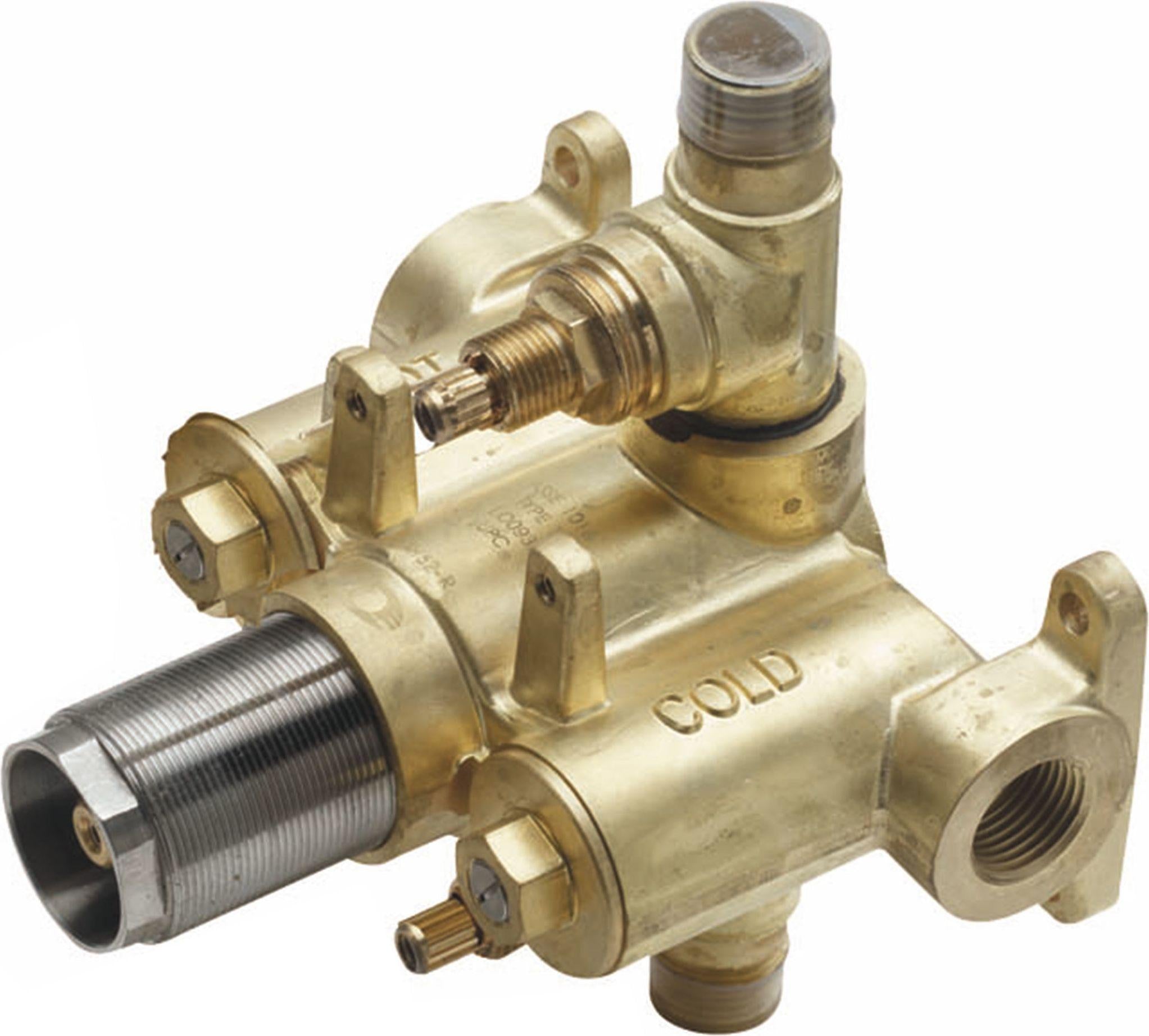 Brass thermostatic rough valve with dual volume controls, threaded inlet and outlet ports, and adjustment mechanisms.